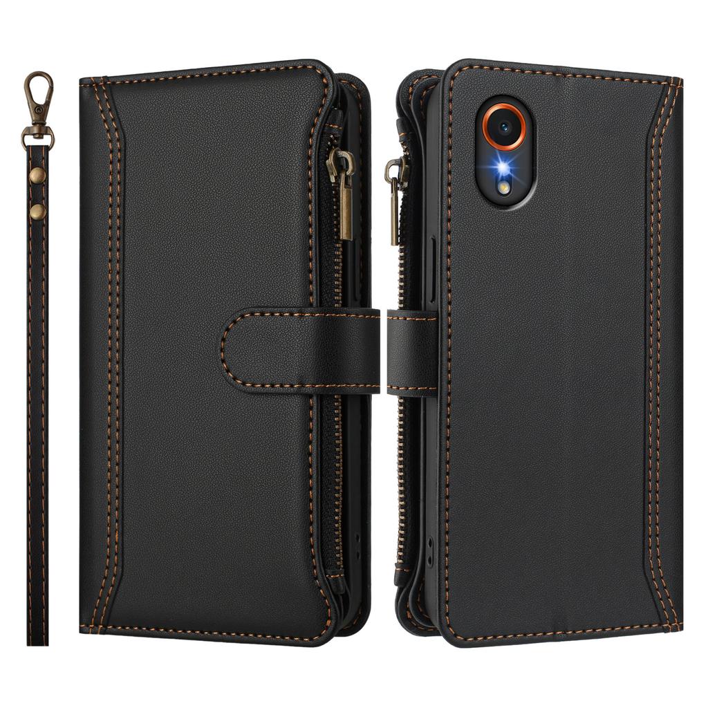 For Samsung Galaxy Xcover7 Leather Case 9 Card Slots Zipper Wallet Stand Phone Cover with Wrist Strap