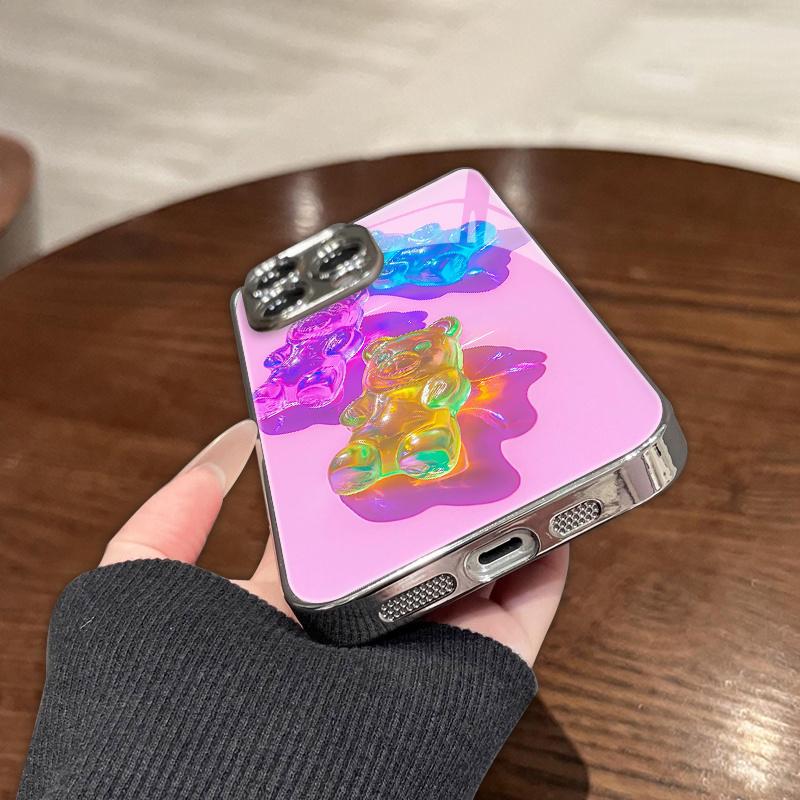Colorful Gummy Bear Patterned Glass Electroplated Phone Case  for Iphone 16 16Pro 16Promax 16Plus 15 15Plus 15Pro 15Promax
