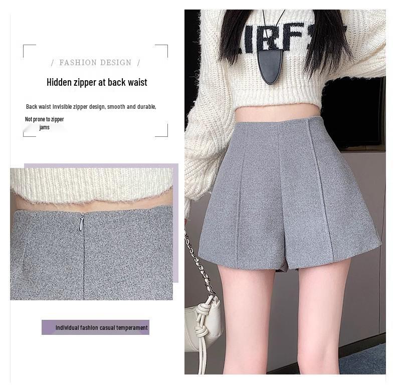 Women's Gray Retro Woolen Booty Shorts - Autumn/Winter Casual Straight Wide Leg Pants
