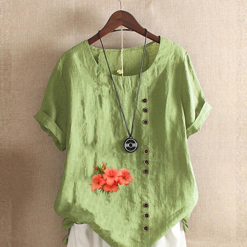 Women's Fashion Flowers Pattern Prined Short Sleeve T-shirt Loose Cotton Shirt Casual Loose Summer Blouse Tops Plus Size
