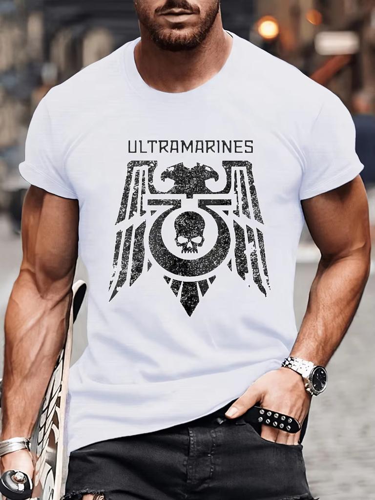 Men'S Ultramarines Emblem Graphic T-Shirt Heavy Metal Tee with Bold Skull Wings Design Soft Breathable Fabric Shirt for Gaming