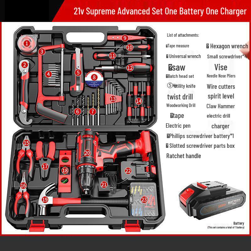 Cordless Lithium Battery Drill Hand Tool Set for Electricians & Carpenters - Multifunctional Repair Kit with Tool Box