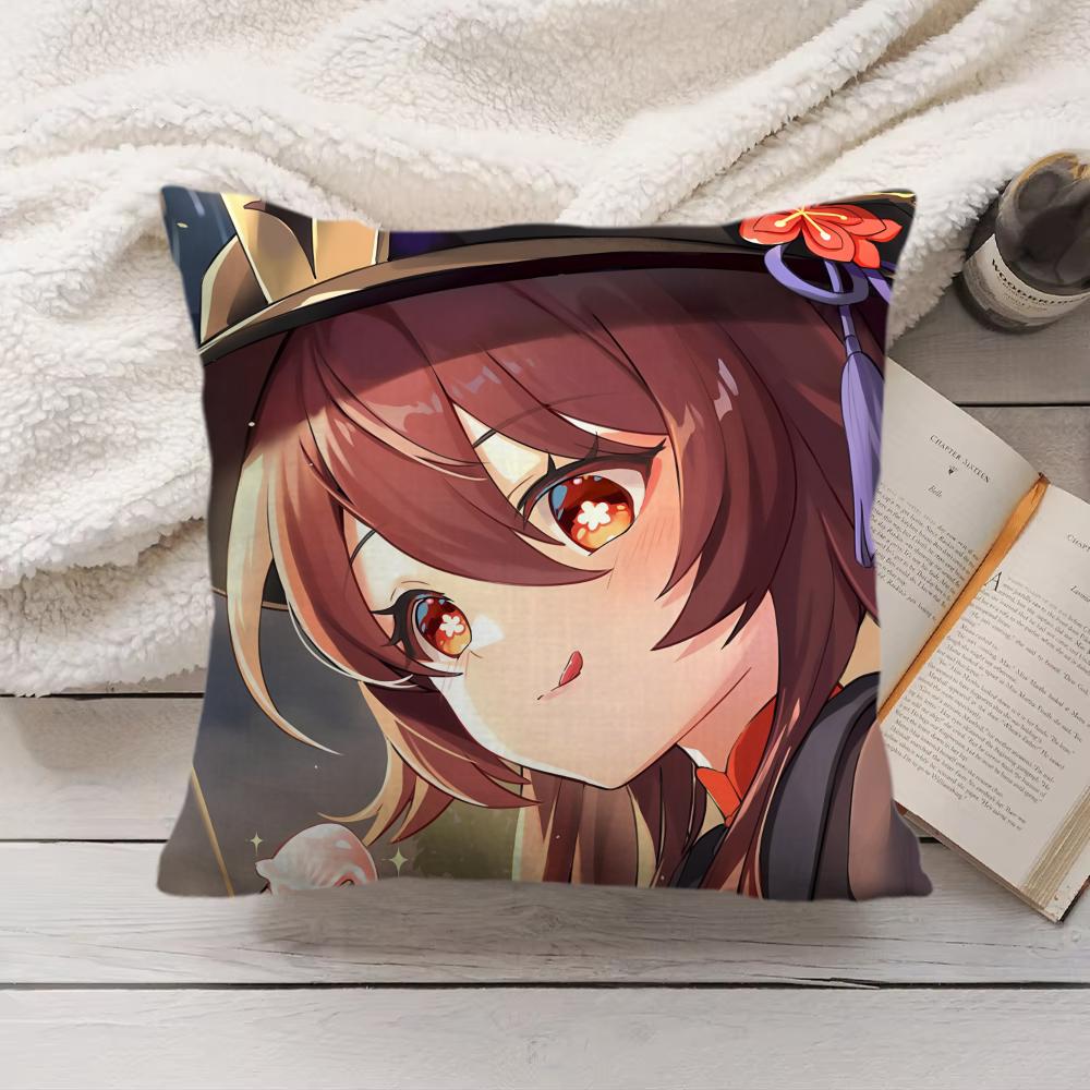 Cute Hu Tao Genshin Impact Cushion Cover Silky Short Plush Invisible Zipper Dustproof Sofa Pillow Case For Home Decor