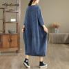 Übergröße Frühling Sommer Damen Midi Kleid O-Ausschnitt Kurzarm Oversize Vintage Kleid Baggy 3/4 Ärmel Denim Damen Übergröße Kleider