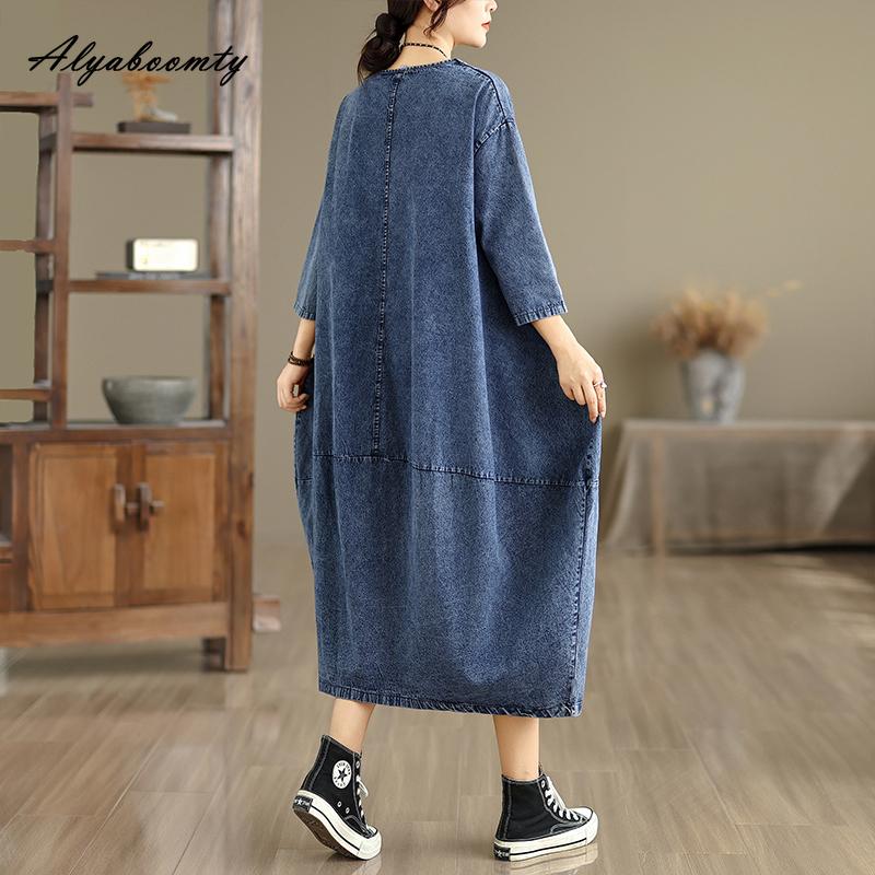 Übergröße Frühling Sommer Damen Midi Kleid O-Ausschnitt Kurzarm Oversize Vintage Kleid Baggy 3/4 Ärmel Denim Damen Übergröße Kleider