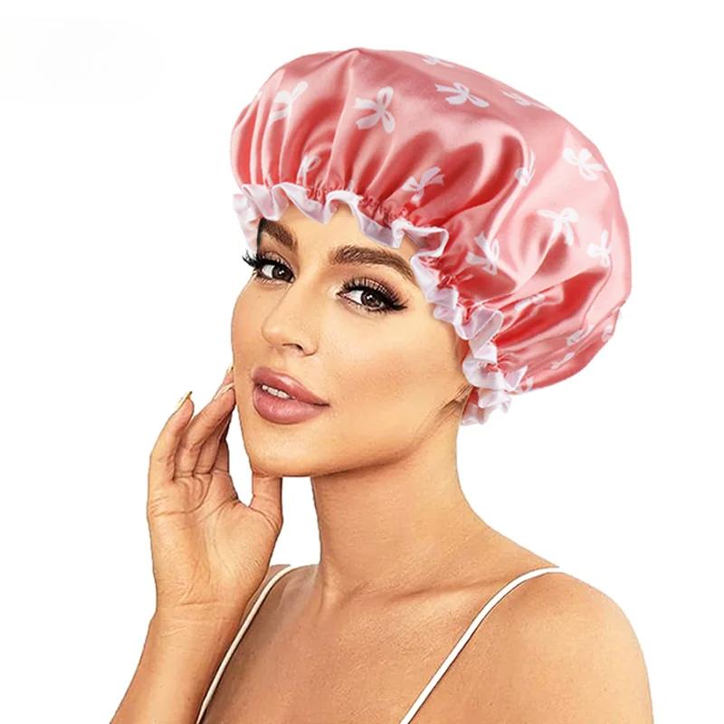 1PCS Waterproof Shower Cap Leopard Print Double Layer Elastic Shower Hair Cover Reusable Wave Point Shower Cap Bathroom Supplies
