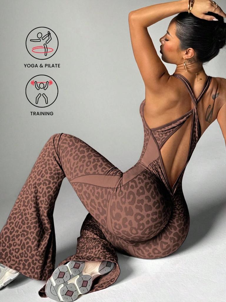 Leopard Print Seamless Bodysuit Yoga Wear for Women - Fitness Sports Casual Outerwear