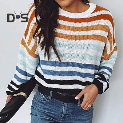 Maglione lavorato a maglia da donna, girocollo, manica lunga, vestibilità ampia, top a righe colorate, stampa autunnale