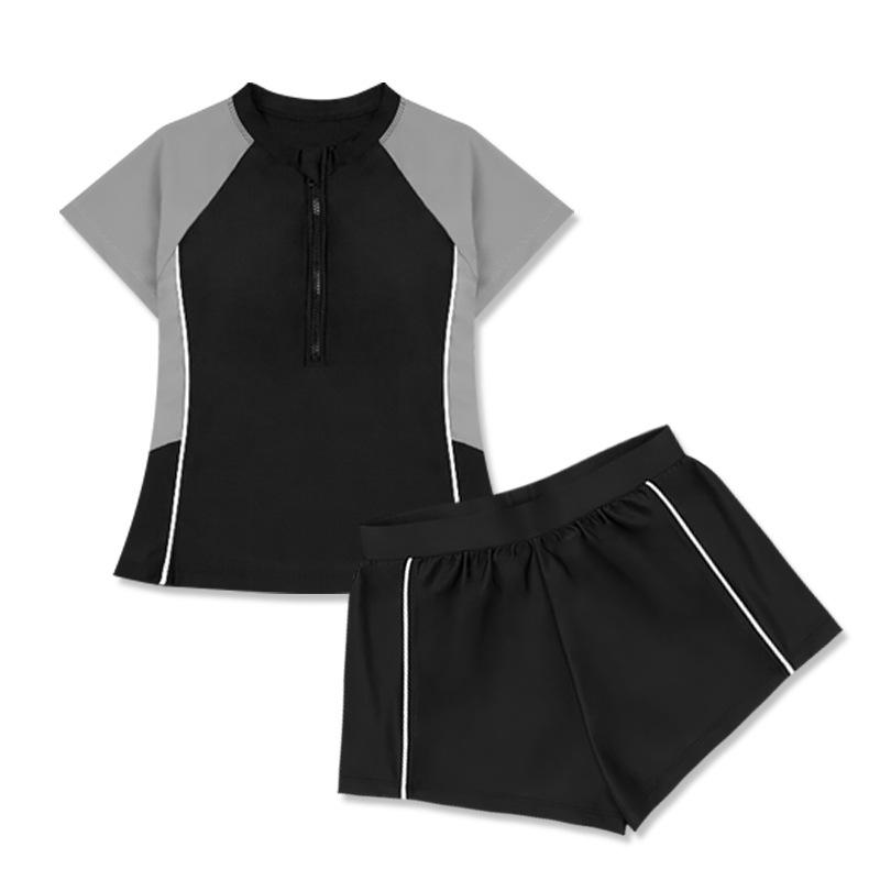 Damen-Badeanzug im koreanischen Stil: Kurzarm-Rock mit schlankmachendem Reißverschluss-Design - Kollektion 2024 L (45-53kg) gray