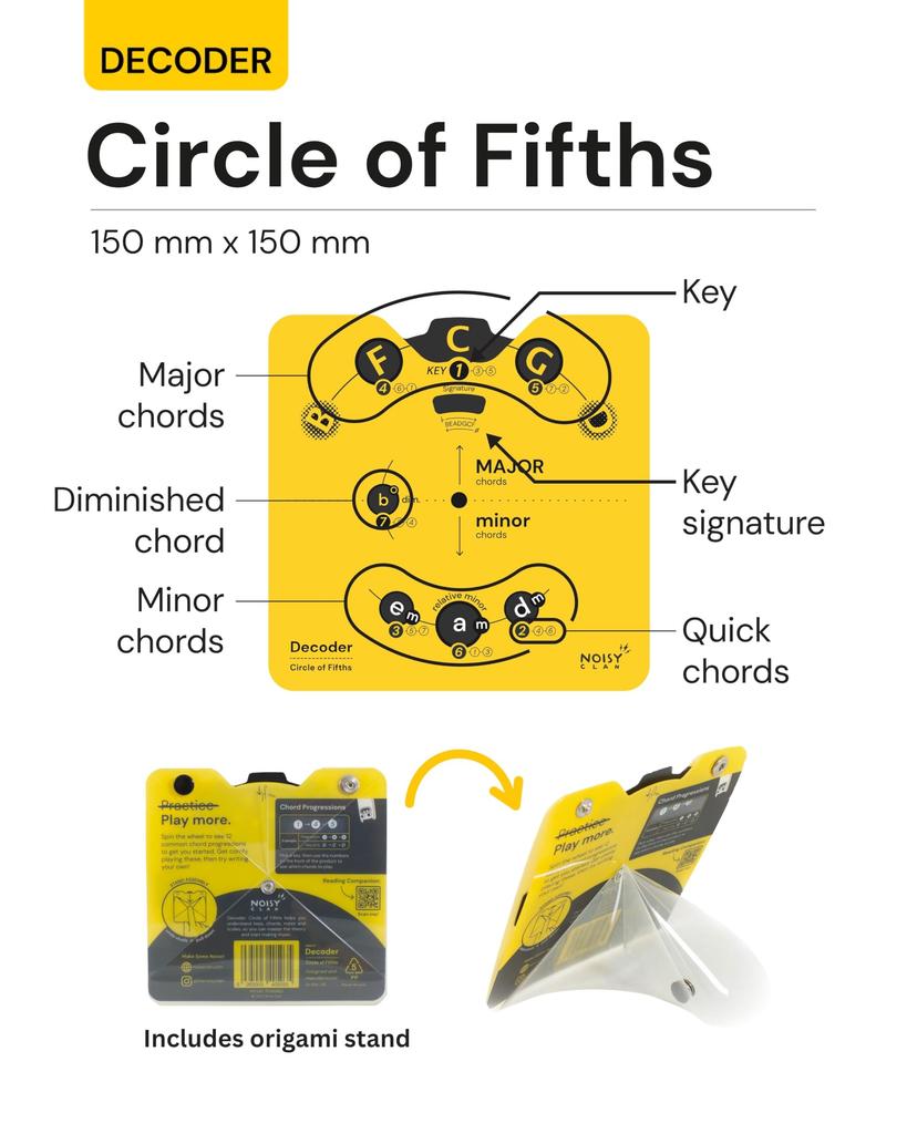Circle of Fifth Wheel Tool with Built-in Stand - Music Theory Chord & Key Decoder for All Instruments - Easily Learn Progressions, Scales & Keys -