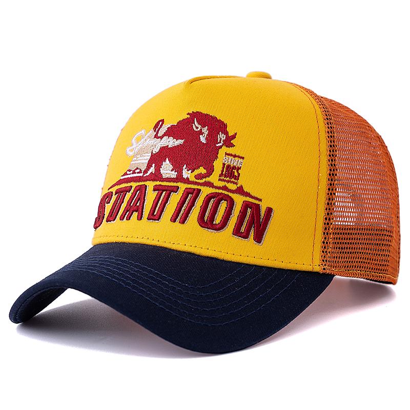 

Летняя рыболовная кепка STATION Letter унисекс, дышащая сетчатая кепка дальнобойщика с вышитыми большими бизонами и быками 56cm-60cm жёлтый/темно-синий