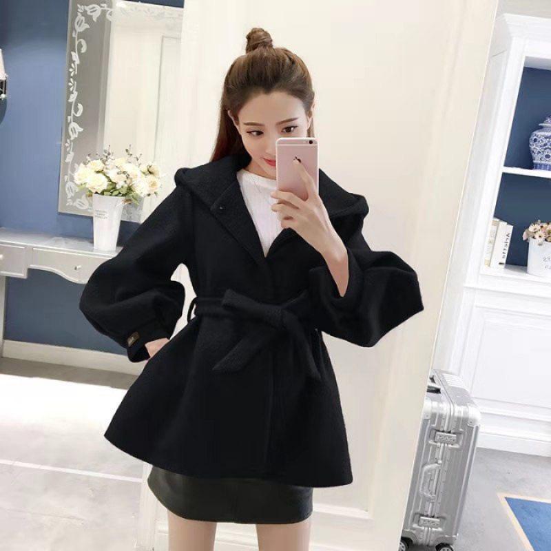 Korean Style Red Wool Cape Coat with Hood and Tie, Lantern Sleeves, Trendy Short Design for Petite Women