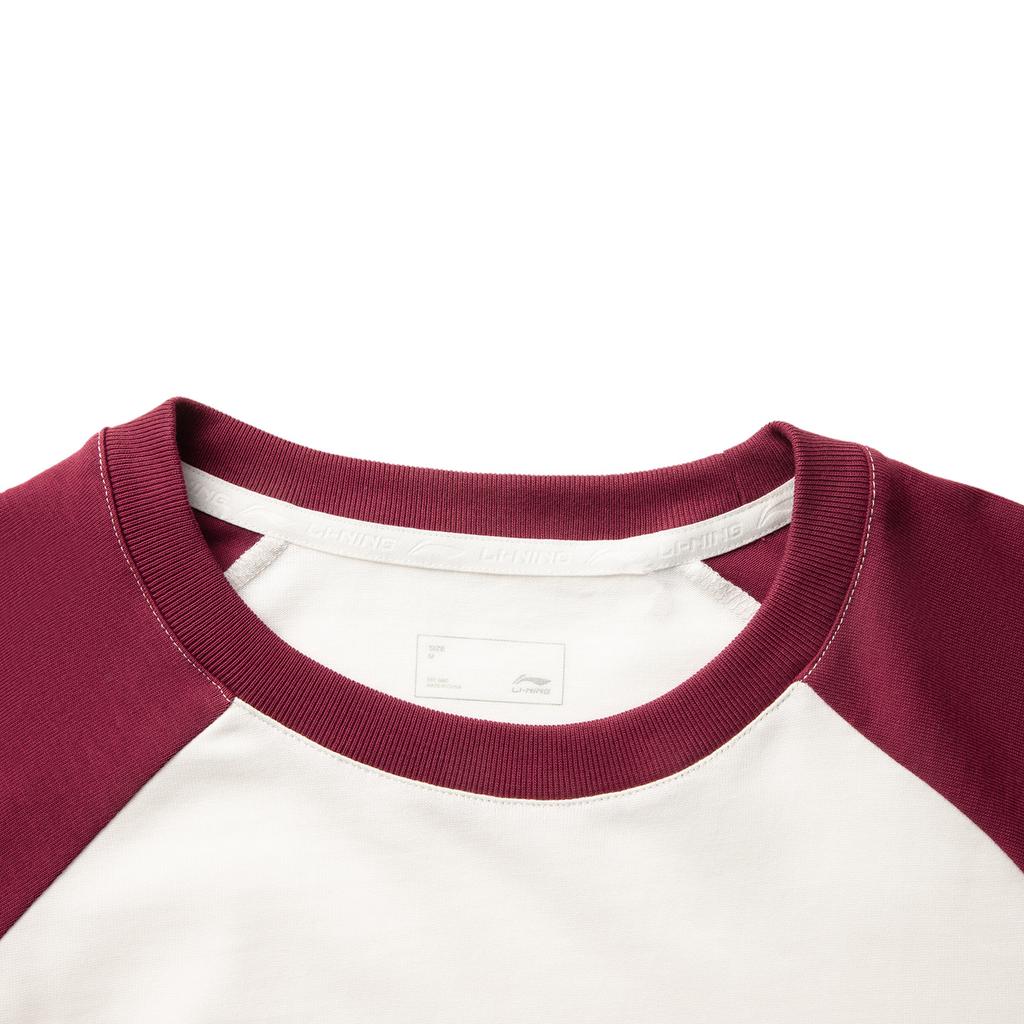 Li Ning Sports Lifestyle Series Casual Letter Print Round Neck Long Sleeve T-Shirt Women T-Shirt Off-White Dark-Red AHSV010-3