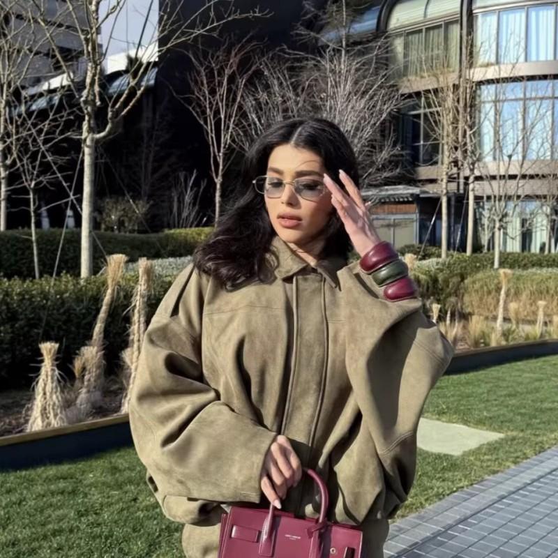 Damen Oversize Windjacke mit Wildleder-Textur, Reverskragen, Reißverschluss vorne