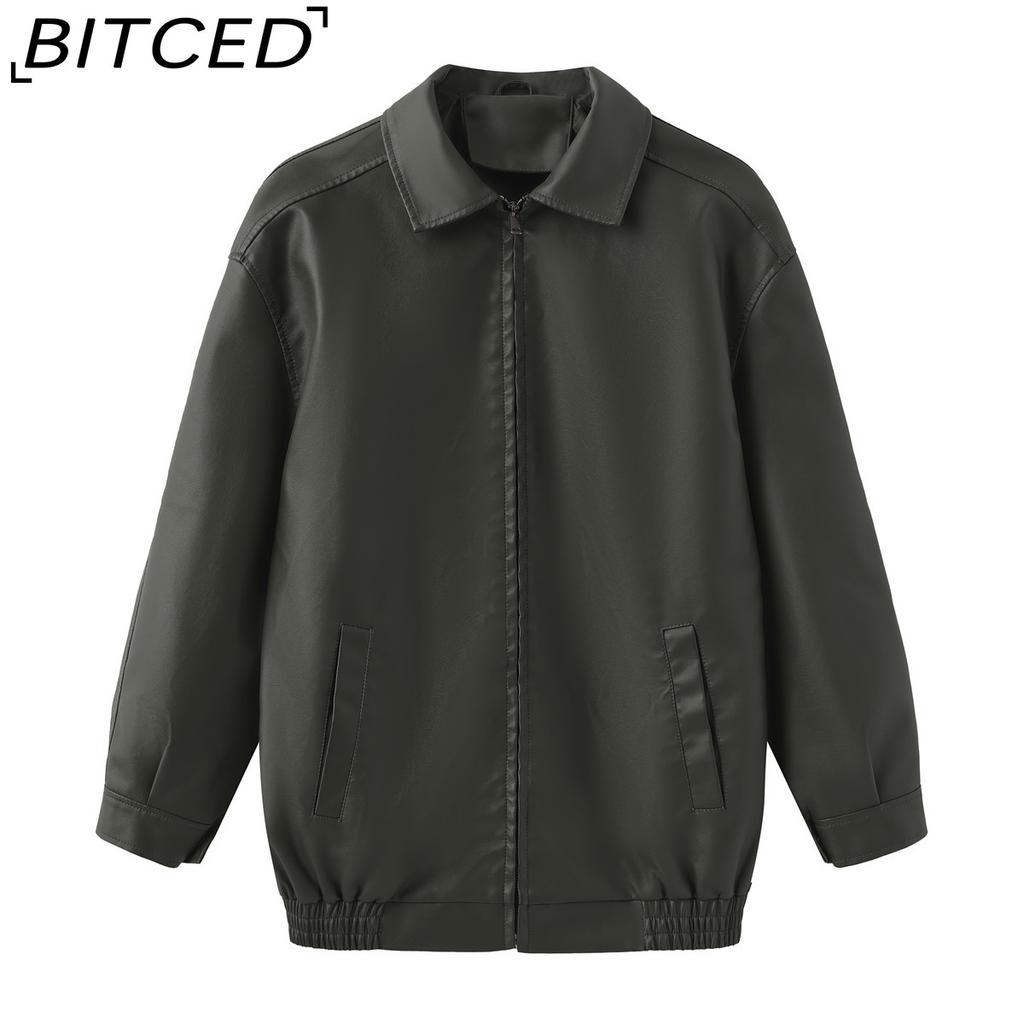BITCED Fashionable Oversized Leather Jacket for Women Long-Sleeve Collared Spring/Fall Coat