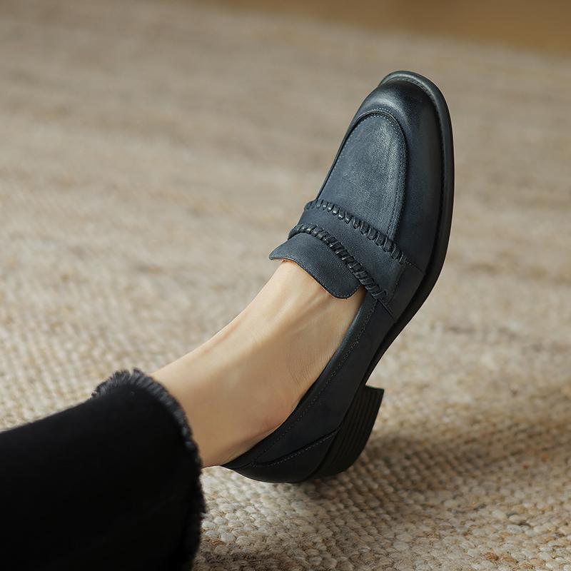 Fashion Retro Mid Heels Women Pumps Genuine Leather High Quality Shoes Woman 2025 Spring Summer Concise Casual Working Pumps Loafers
