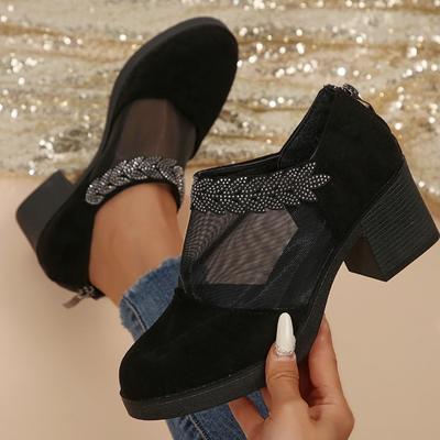 Mode Bequem und Vielseitig Mesh Einzelne Schuhe Damen Neu Frühling und Sommer Ausschnitt Atmungsaktiv Strass Schrubbabsätze
