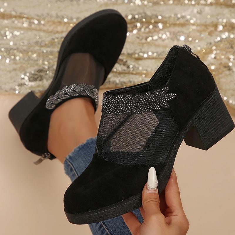 Comfortable and Versatile Mesh Single Shoes Women's New Spring and Summer Cutout Breathable Rhinestone Scrub Heels