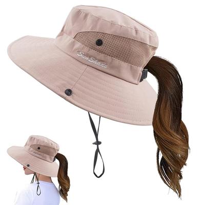 Wide Brim Bucket Hat Women Ponytail Sun Hat Summer UV Protection Foldable Couple Hat for Outdoor