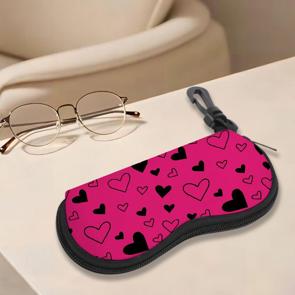 Pink Black Heart Pattern Soft Fabric Sunglasses Case,Portable Anti Scratch Eyewear Protective Pouch,Lightweight Travel Spectacle Holder Gift