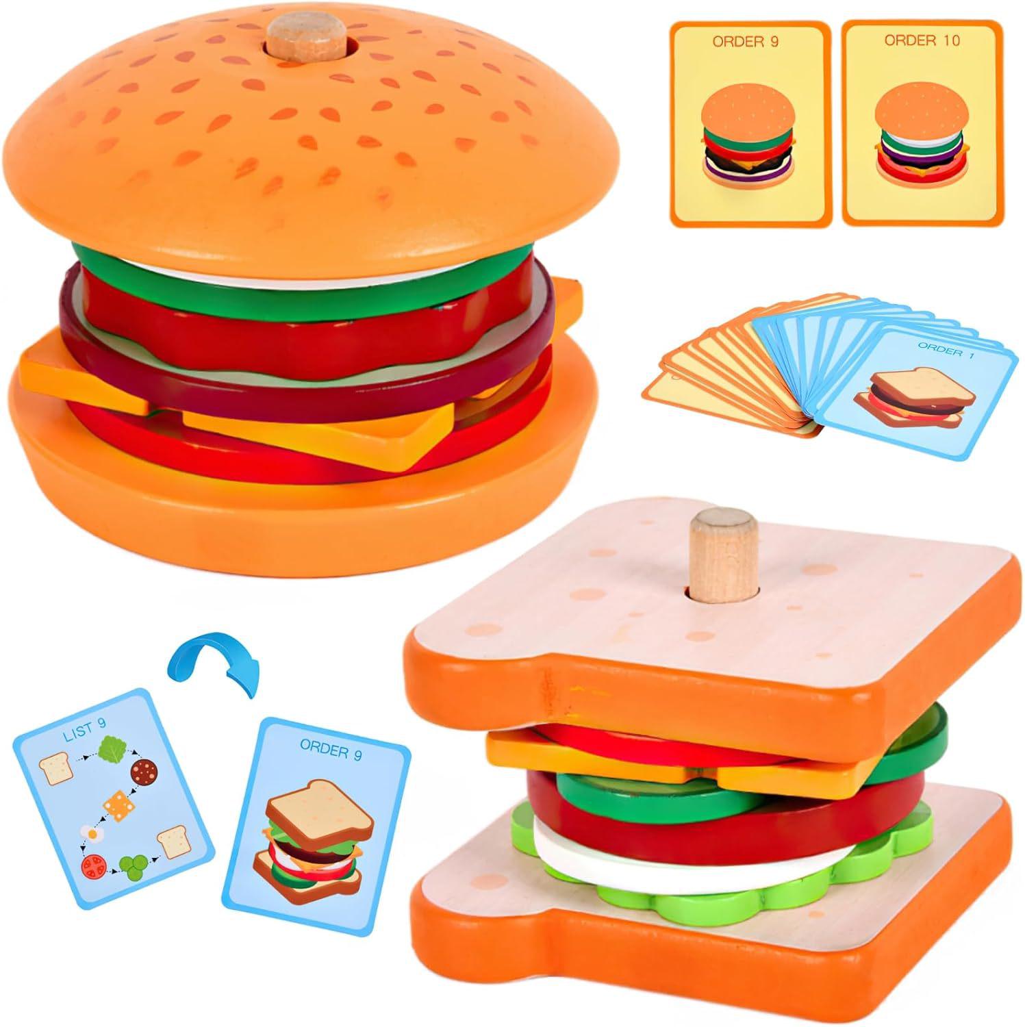 

Mini Wooden Pretend Play Sandwich & Hamburger Set for Children Ages 1-6