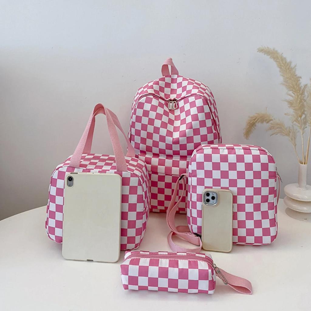 Checkerboard 4Pcs Backpack Set Crossbody&handbag&Pen Case Stitching Multi Pocket Adjustable Straps Campus Commute Bundle