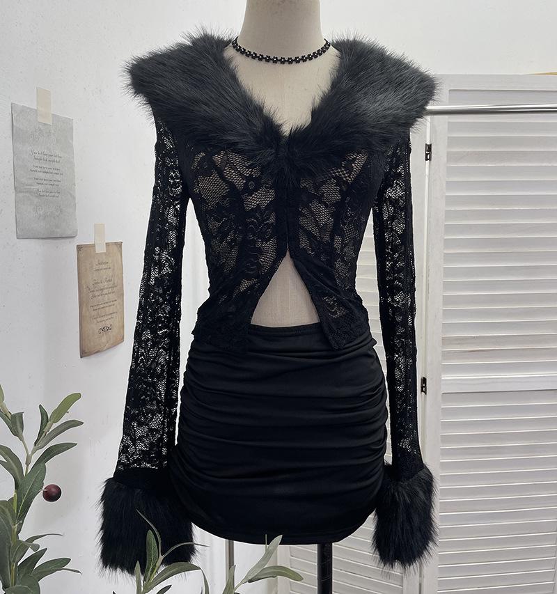 

European & American Two-Piece Set: Fur-Trim Lace Cardigan Top & Pleated Mini Skirt One Size