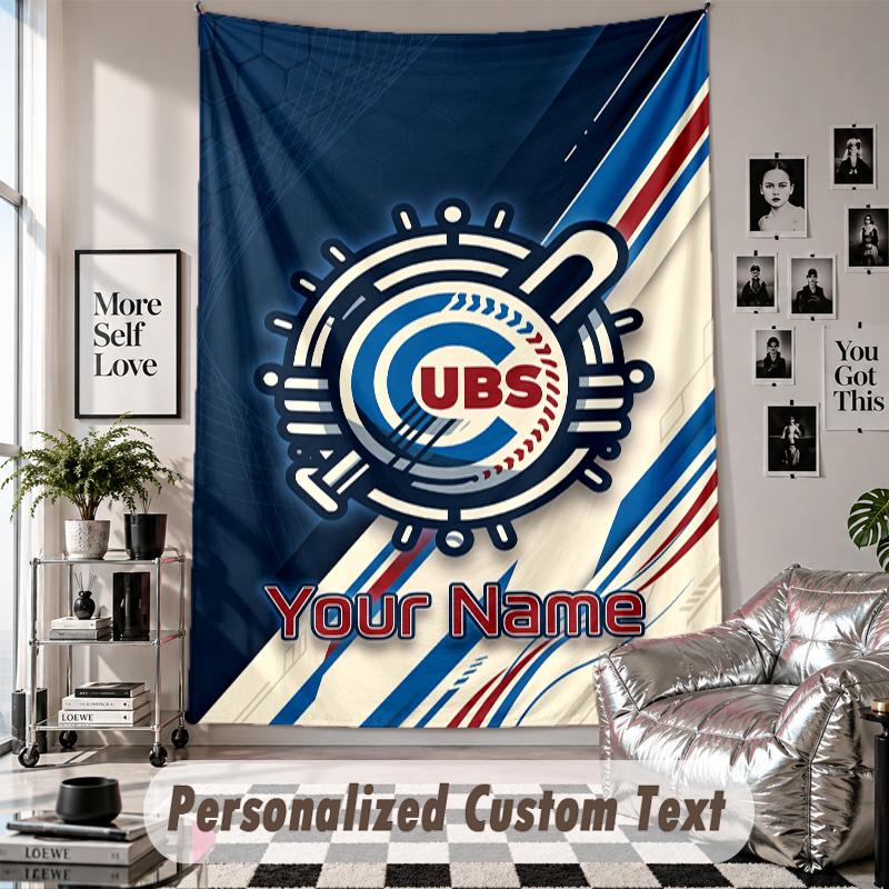 Wall Hanging Tapestry With Custom Name & Text, Chicago Cubs Decorative Tapestry For Bedroom