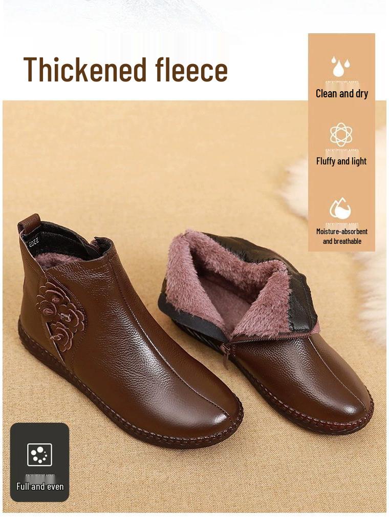 Women's Genuine Leather Winter Plush Ankle Boots - Comfortable, Non-Slip, Soft Flat Bottom for Middle-Aged & Elderly