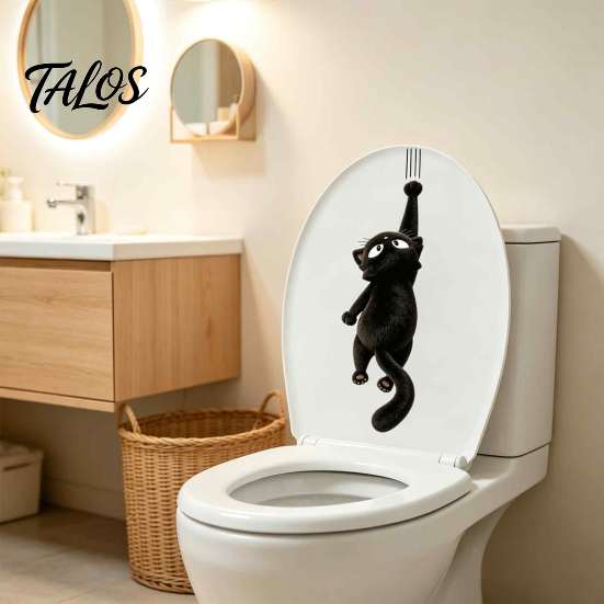 Waterproof Toilet Seat Decor Furry Black Cat Sticker, PVC Bathroom Decal, Removable Funny Stickers Cute Animal Wall Art for Tank And Lid Decoration