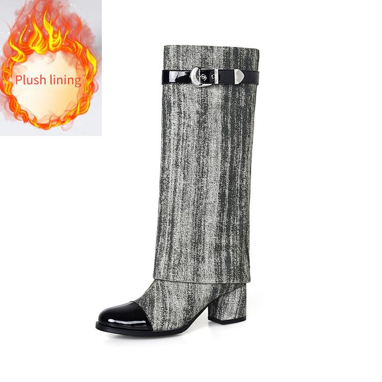 Módní značka Hovězí kůže+denim Kožená přezka Dlouhé kozačky Podzim Zima Kořeněné dívky 5,5cm Vysoké podpatky Módní Kozačky po koleno Dámské Denimové kozačky 44