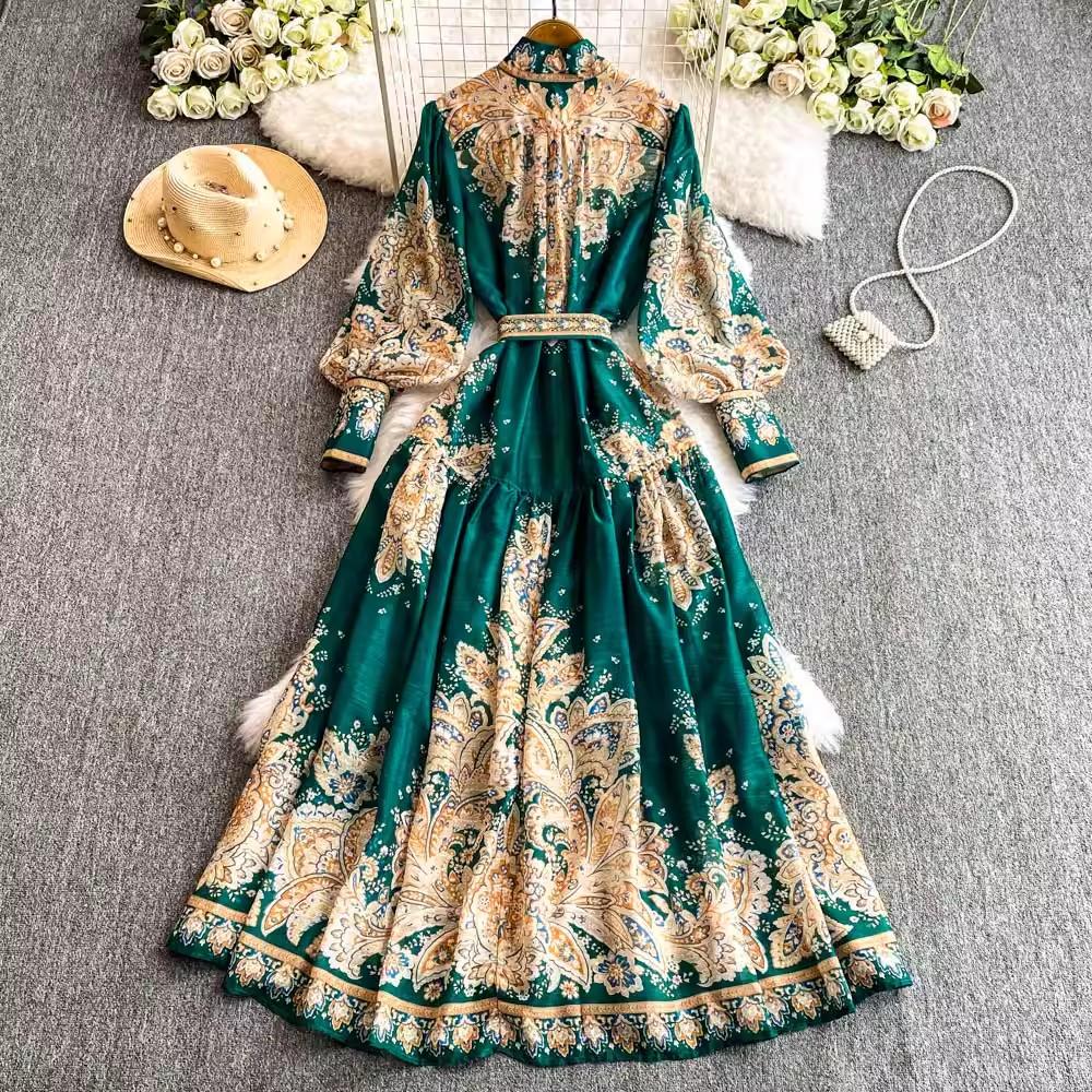 Robe de soirée longue et élégante pour femme, style vintage, style palais, surdimensionnée, avec ceinture imprimée, style festival, nouvelle collection printemps-été