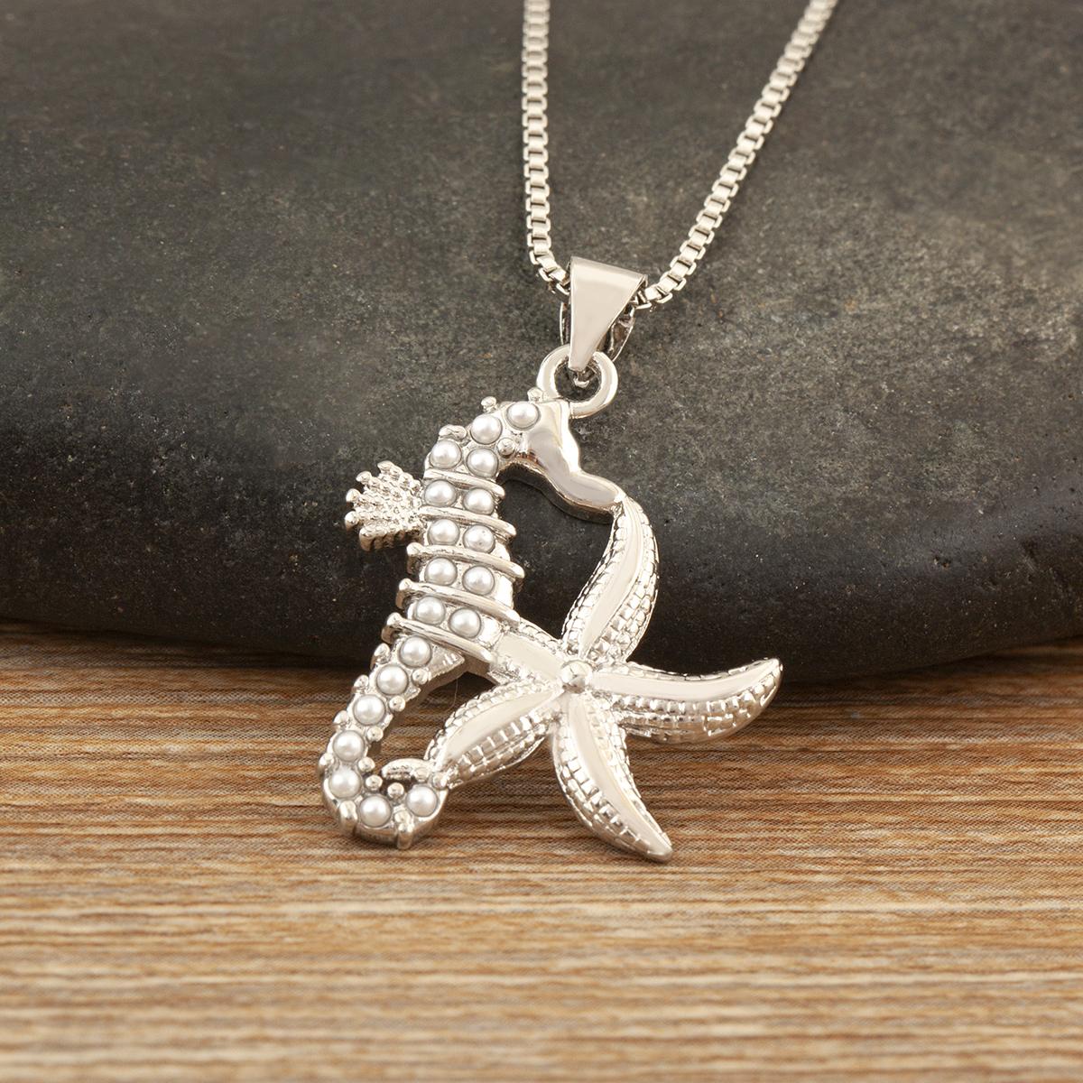 

Nidin New Fashion Seahorse/Starfish/Jellyfish/Crab Inlaid Zircon Beach Charms Pendant Necklace For Women Men Jewelry Wholesale