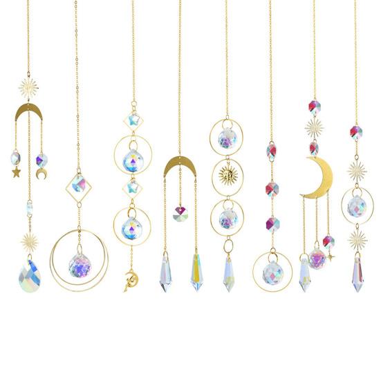 Faux Crystal Suncatcher, Colorful Prisms Window Hanging Sun Catcher, Moon Sun Rainbow Maker Chain Pendant for Garden Home Decor