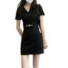 Summer new polo collar black dress women's design sense drawstring waist thin temperament short-sleeved skirt