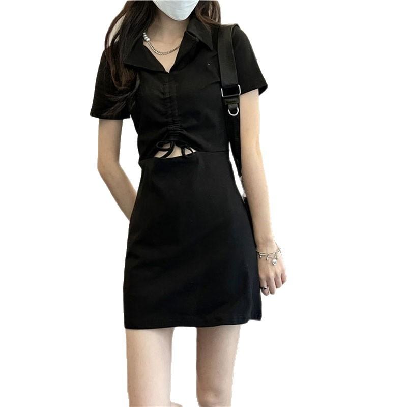 Summer new polo collar black dress women's design sense drawstring waist thin temperament short-sleeved skirt