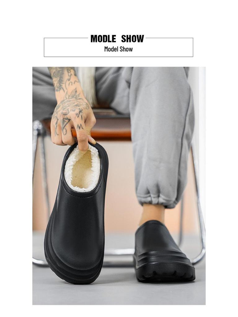 Men's Winter Plush Cotton Slippers: Thick, Waterproof, Non-Slip, Heel-Covered, Soft-Soled, Large Size, Warm.