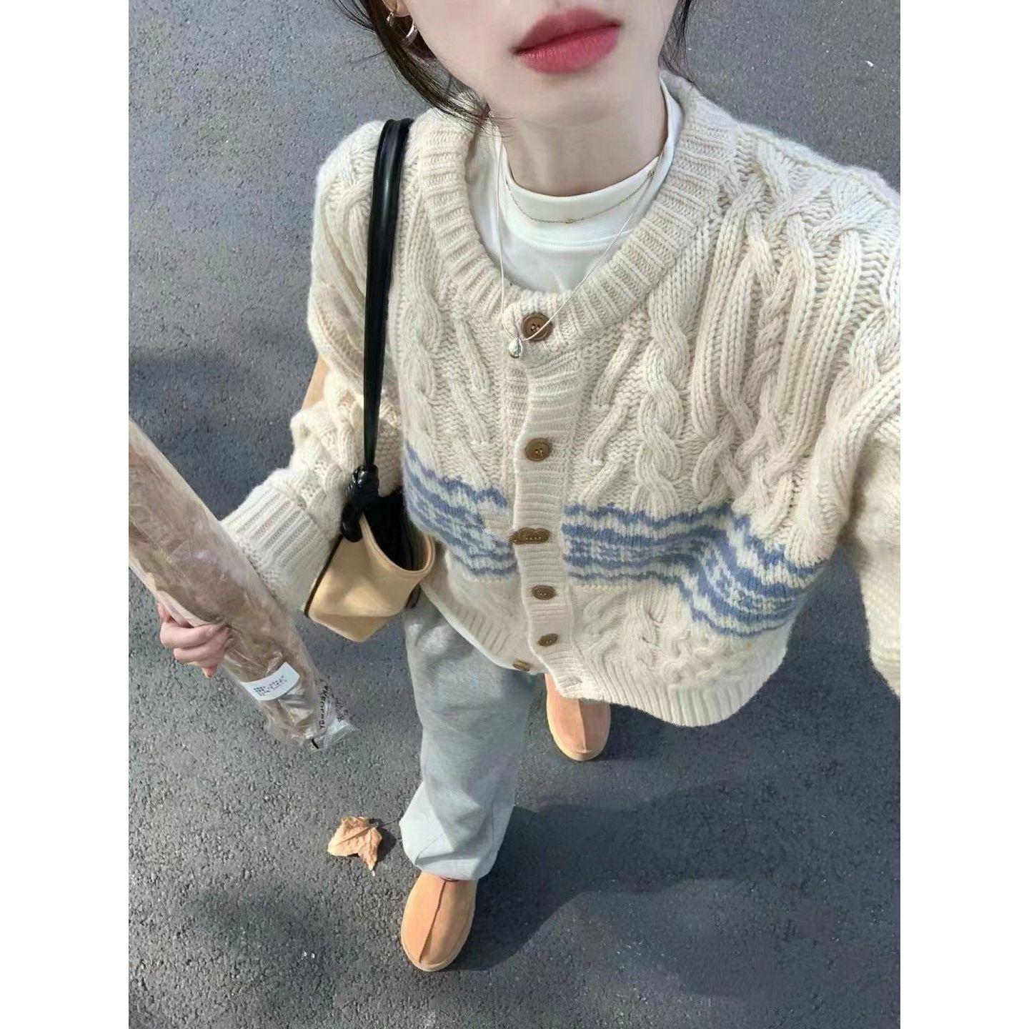 

Овечья шерсть ретро цвет контраст японский ленивый ветер свободные жареные переплетения теста кардиган свитер пальто женщины 2XL