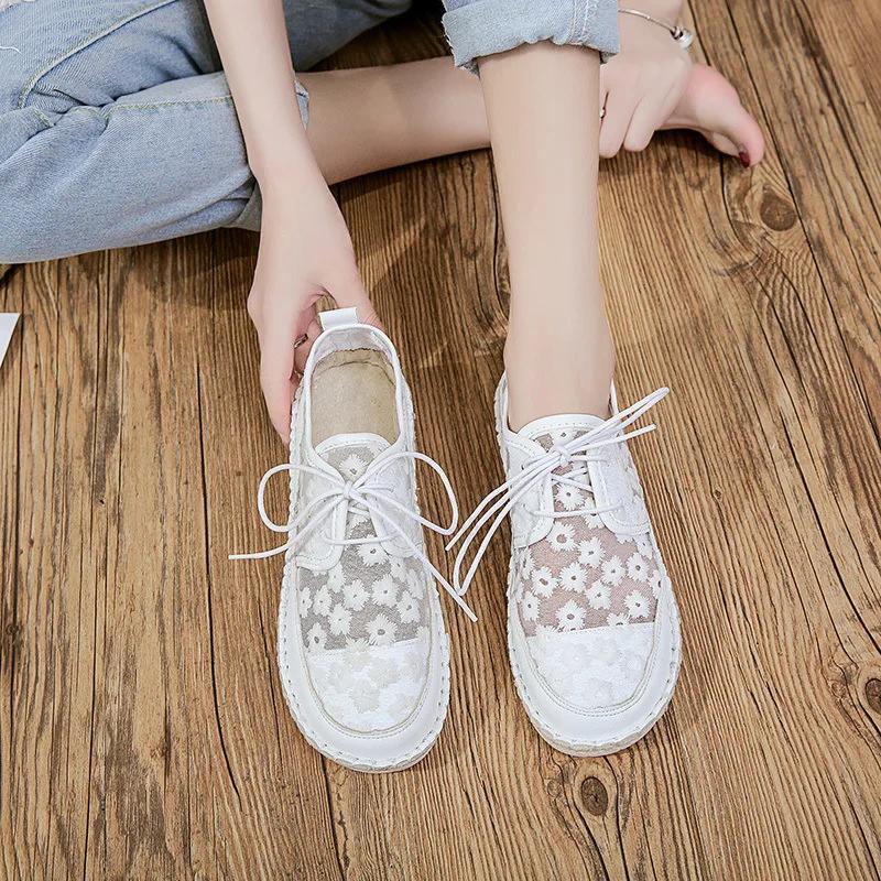 Spring Single Shoes Women's Net Yarn British Style Small Leather Shoes Trifle Soft Sole Set Foot Sandals Student Flat Sandalsnew