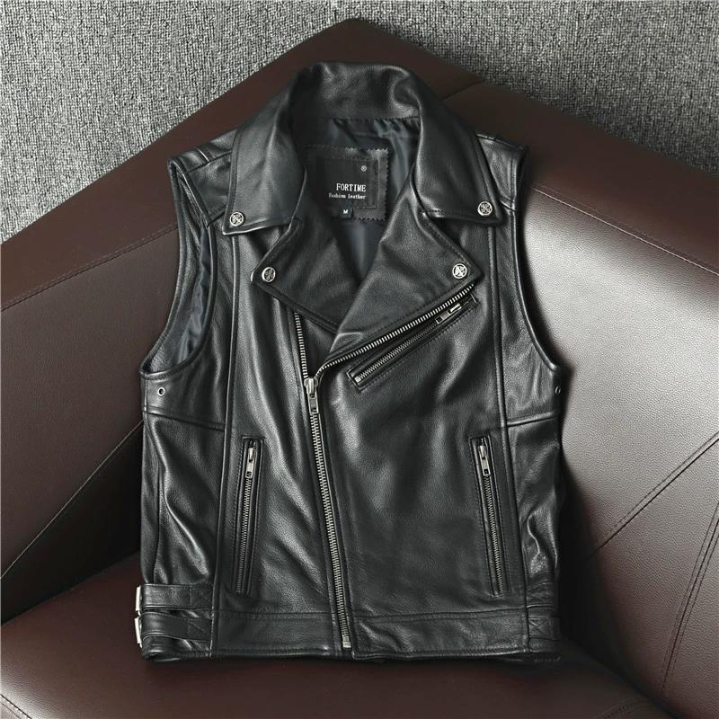 

Men Genuine Leather Biker Vest Pure Cowhide Short Sleeveless Jacket Slim Fit Motorcycle Riding Fashion S