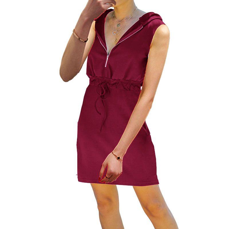 

2022 New Sleeveless Zip Hooded Belt Dress Burgundy S