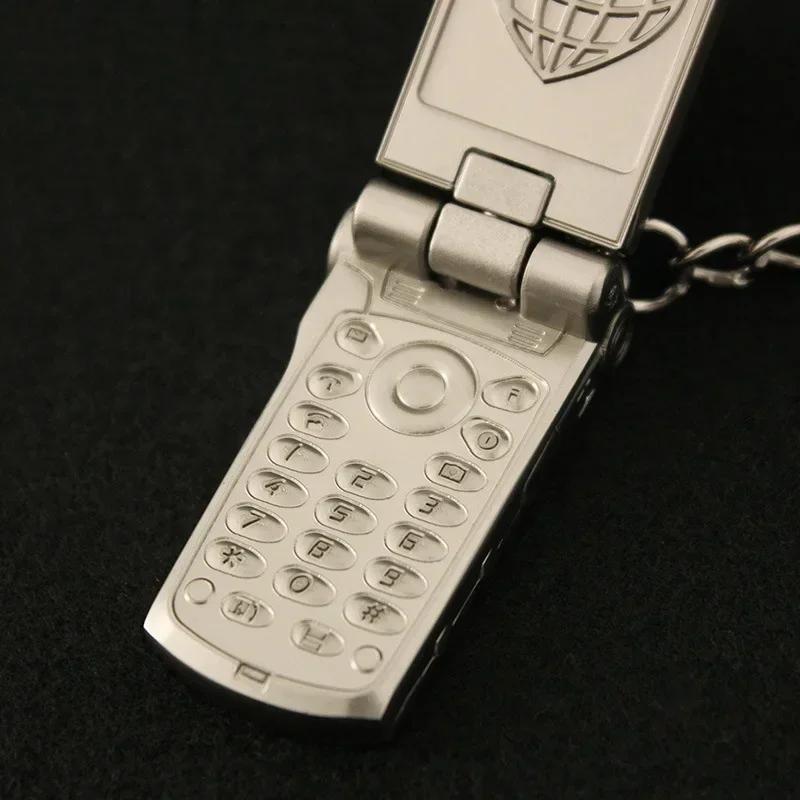Creative Pendant Mini Mobile Phone with Flip Cover and Rotating All Metal Toy Decoration Gift Keychain