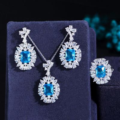 CMM, alb strălucitor, culoare argintiu, albastru deschis, zirconiu cubic, colier, cercei, inel, set de bijuterii elegant
