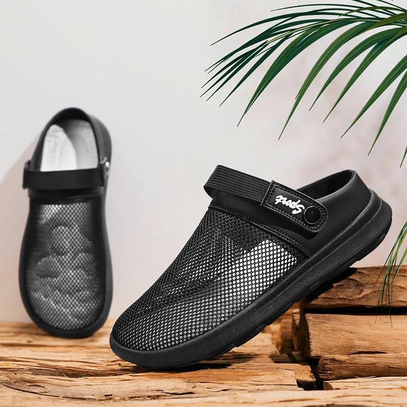Men's Mesh Casual Slippers Summer New Non-slip Soft Sole Breathable Hollow Outdoor Sports Sandals Fashion Dual-purpose Slippers