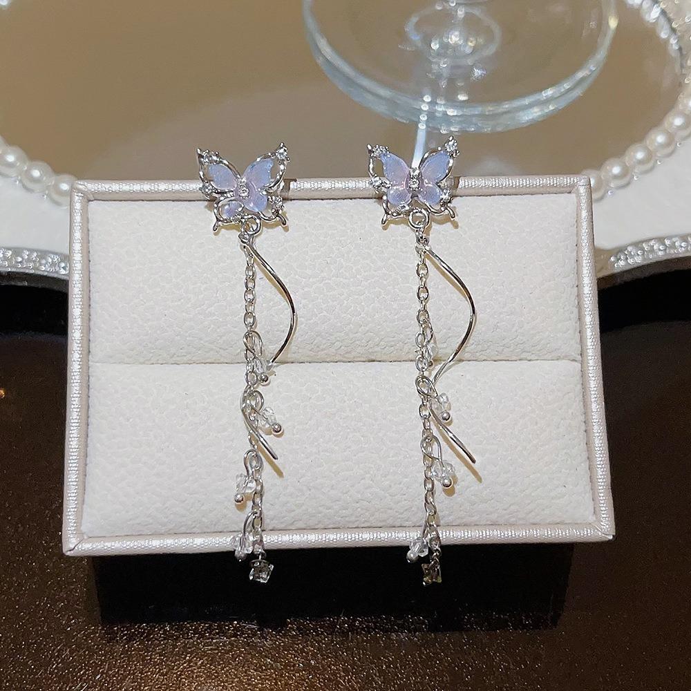 2 Pieces Exquisite Butterfly Fashion Sweet Zirconia Pink Color Silver Color Long Tassel Earrings
