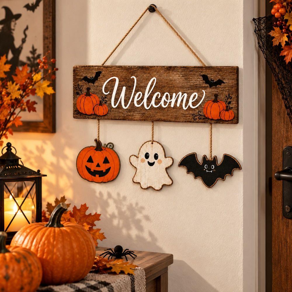 2D Flat Pumpkin Ghost Bat Wood Plaque Wear-Resistant Rustic Welcome Board Pendant Home Outdoor Use