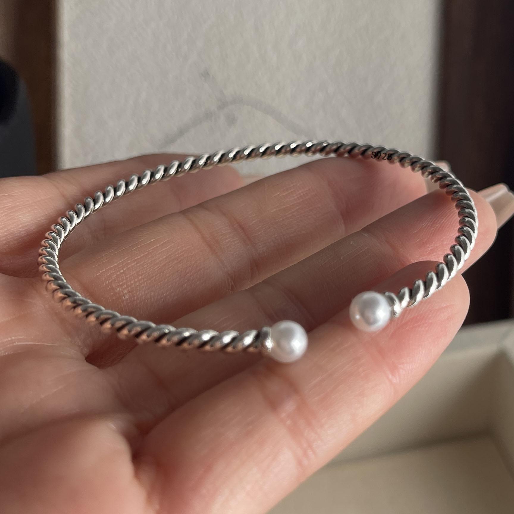

100% Solid 925 Sterling Silver Retro Bracelet for Women Men Vintage Handmade Narrow Pearl Simple Bracelet Birthday Gift