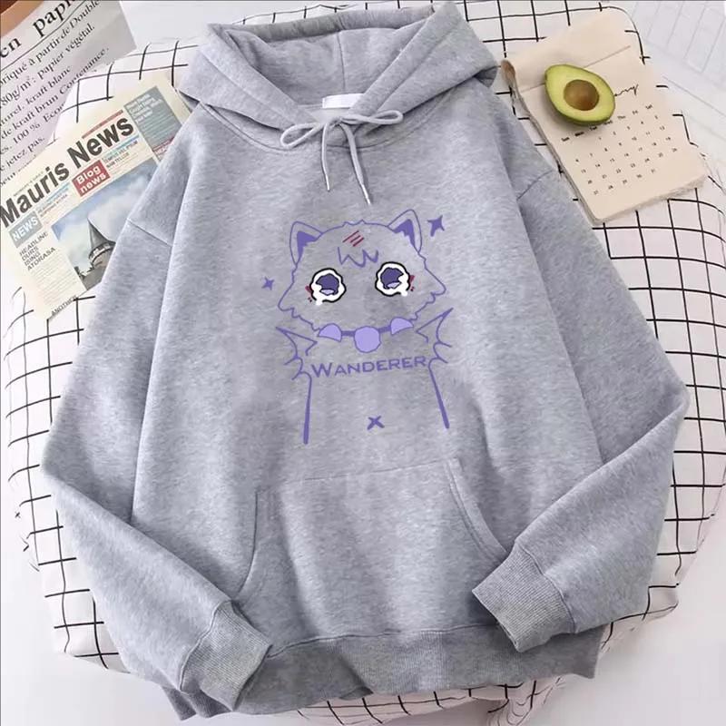 Genshin Impact Cartoon Cat Printed Hoodie Women Casual Autumn Winter Kawaii Harajuku Fleece Long Sleeve Sweatshirts