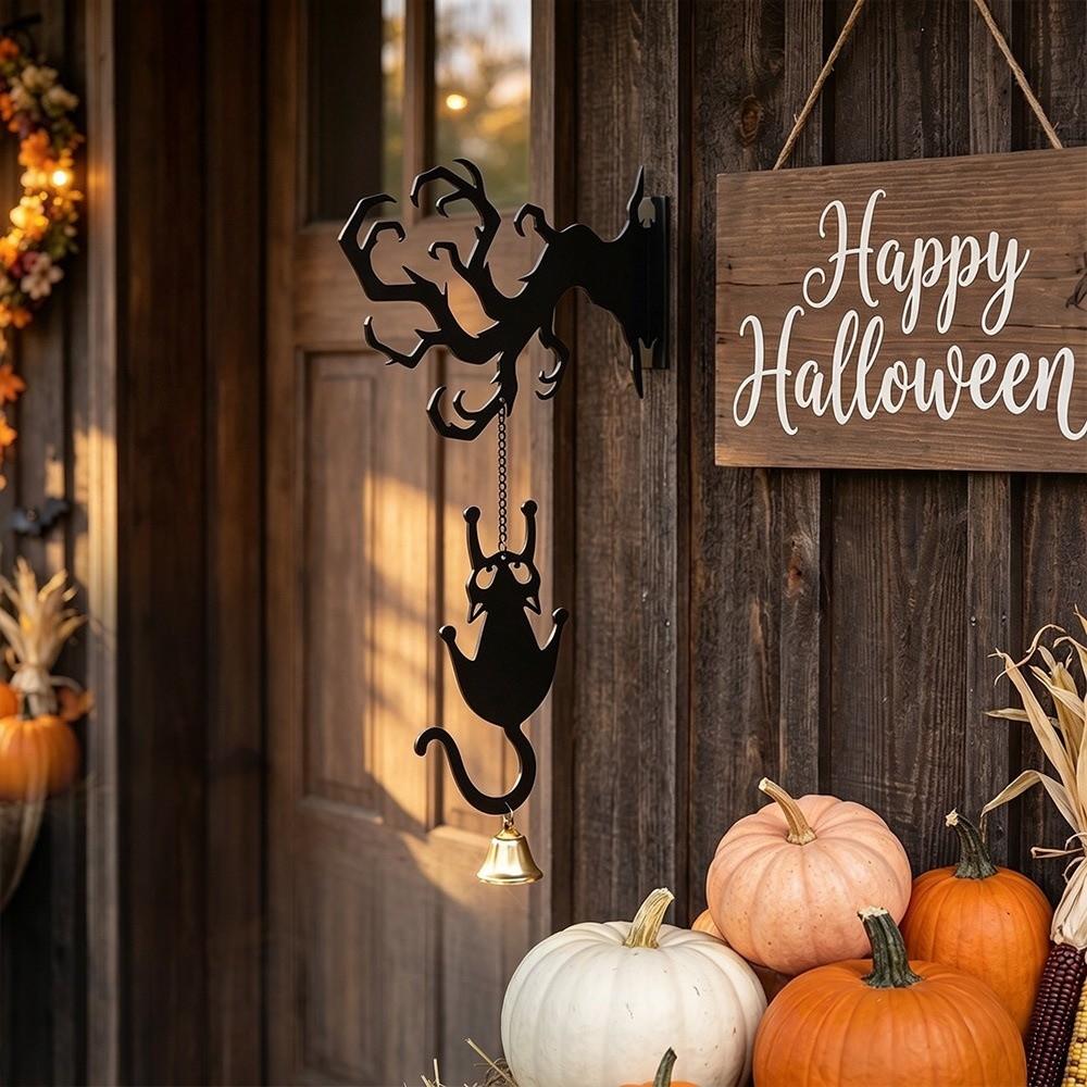 Wall-mounted Halloween Welcome Sign Spooky Ghost Outdoor Ornament Black Cat Wall Decor  Entryway