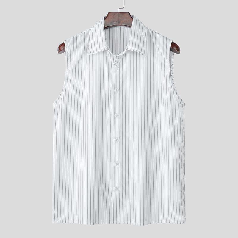 

INCERUN Summer Men Lapel Sleeveless Striped Print Buttons Up Casual Tank Tops 4XL белый